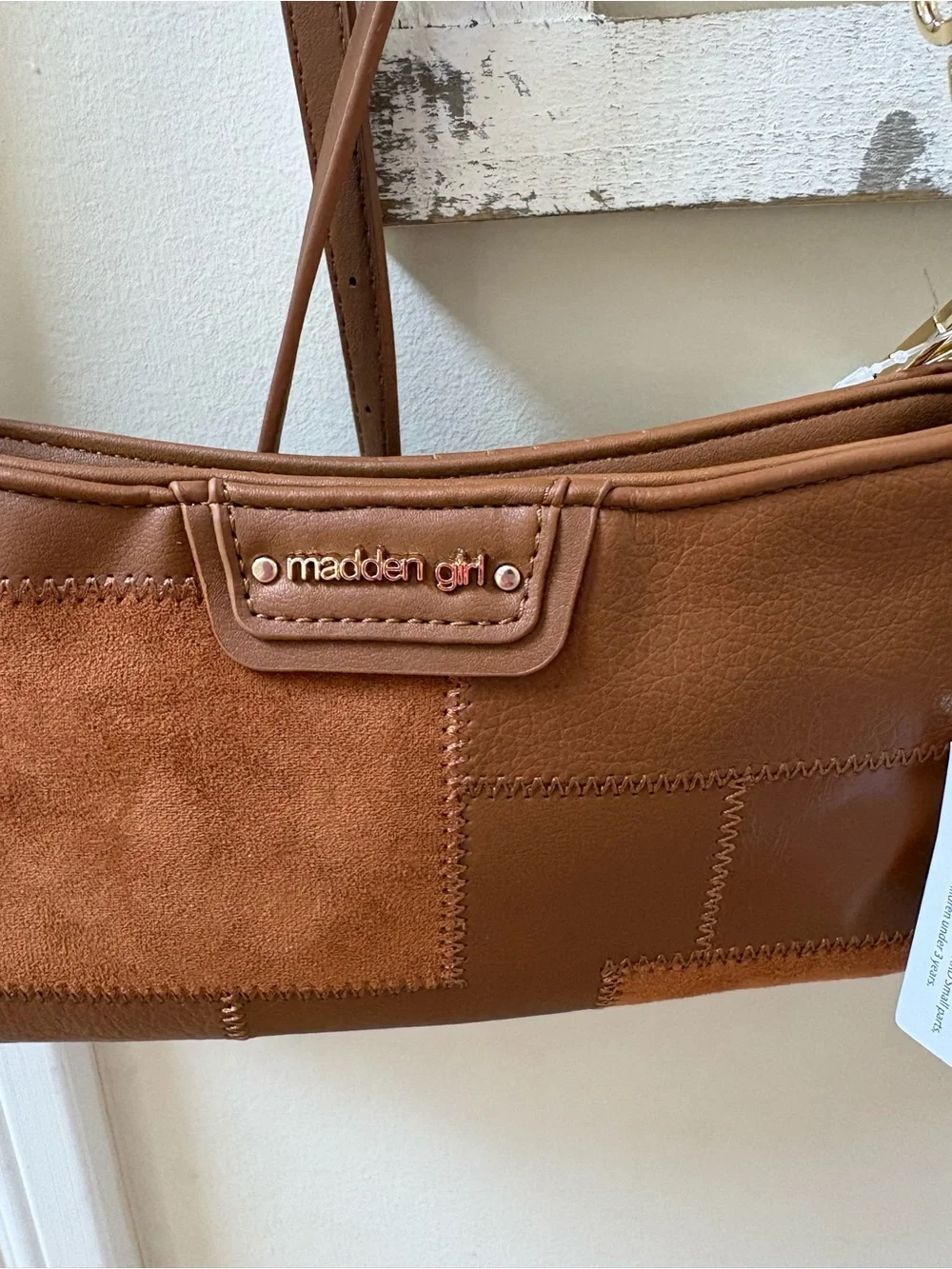 Madden Girl Cognac Patchwork Shoulder Bag with Gold Charm